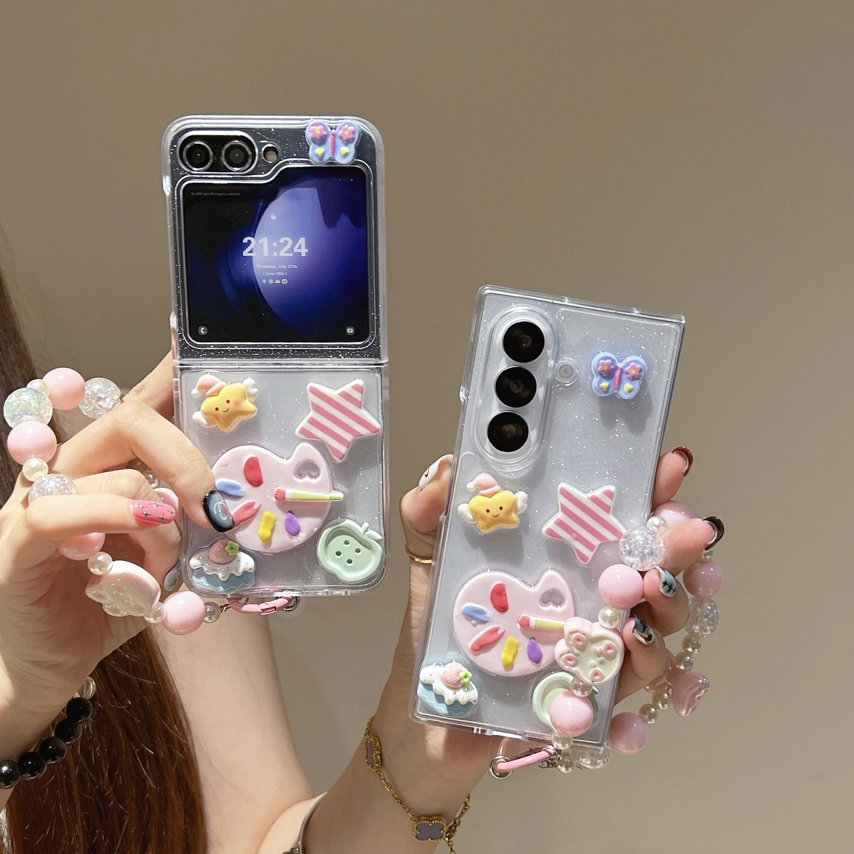 

Back Cover For Samsung Galaxy Z Flip/Fold 7 6 5 4 Case Glitter Palette Star Cake Bracelet Wristband Chain Phone Case