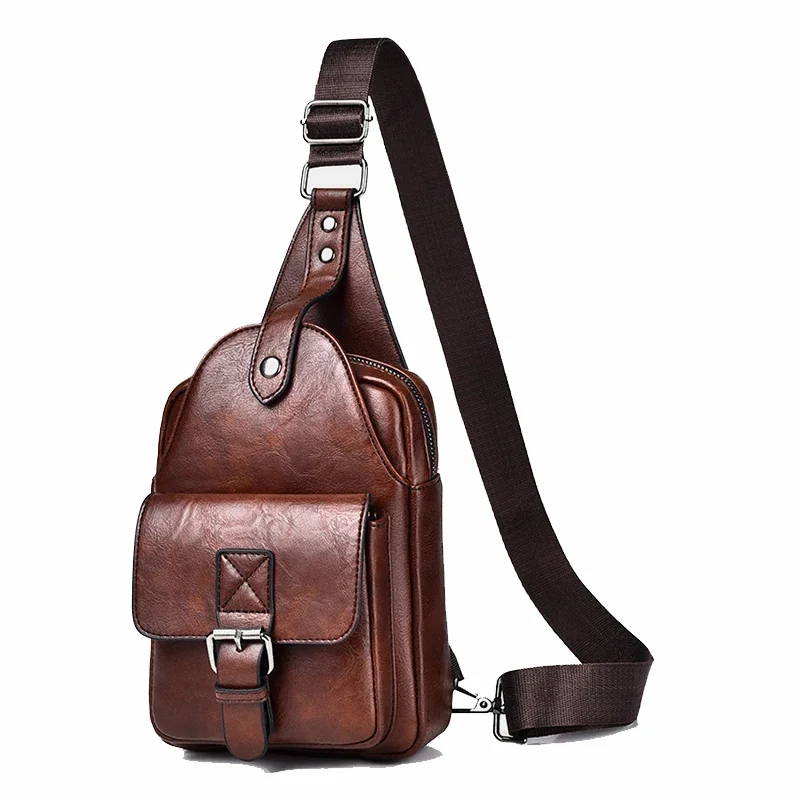 

Men Cross body Shoulder Chest Sling Backpack PU Leather Fashion Trend Rtro Travel Male Side Messenger Bag