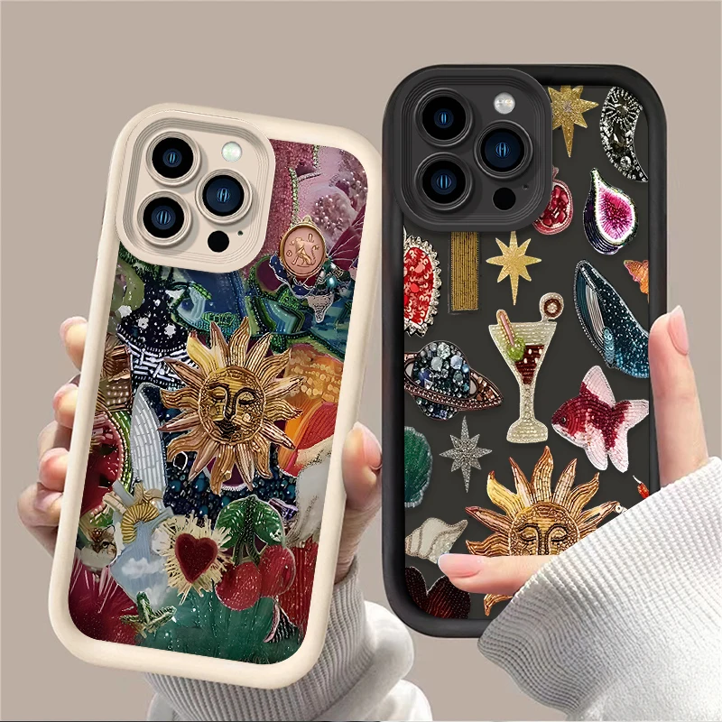 Retro Sun Planet Cocktail Case For iPhone 16 15 14 13 12 11 Pro Max X XS X S Max XR SE 2020 7 8 Plus Protective Silicone Cover