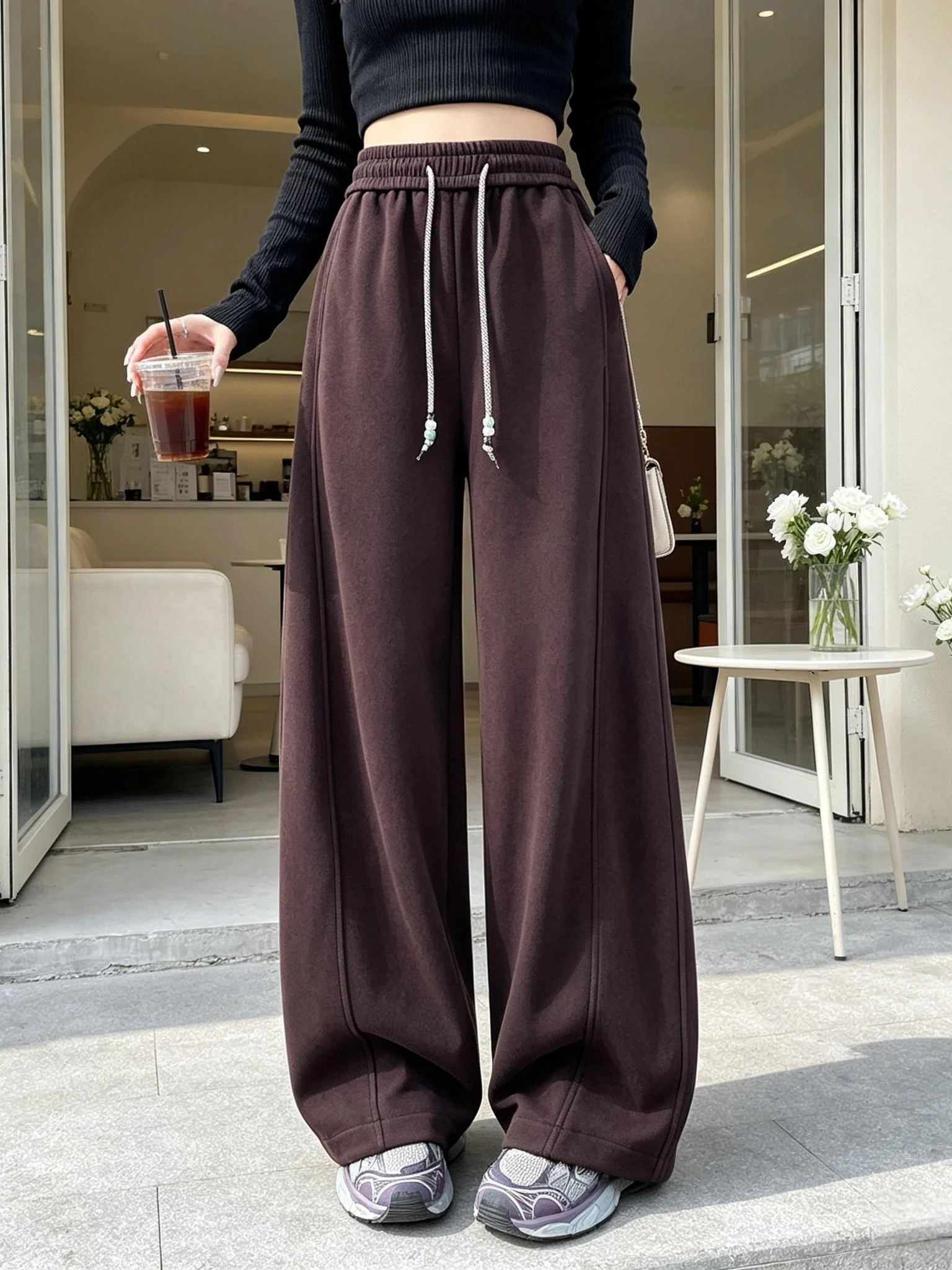 Women's Loose Wide Leg Sports Pants Autumn Winter New Style Drapey Comfortable Banana Shape Merlot Color Casual Trousers
