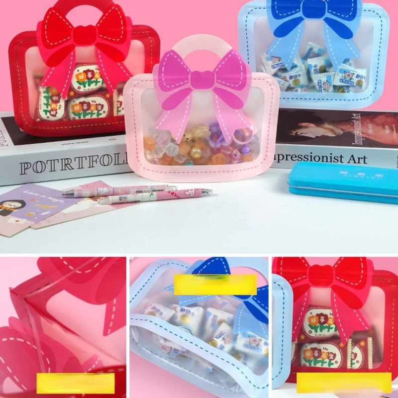 5/10/20Pcs Bow Snack Packaging Bag Portable Design Cosmetics Candy Small Items Storage Self Seals Cartoon Bow Portable Gift Bag