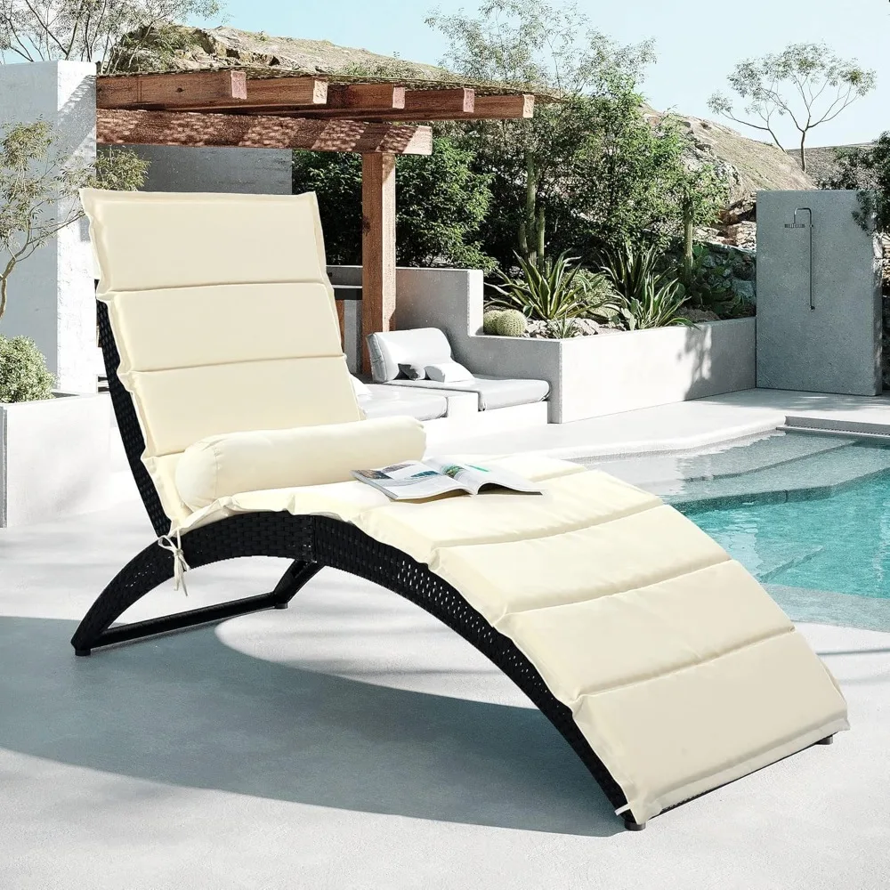 

Foldable Patio Wicker Sun Lounger Lounge Chair with Removable Cushion and Bolster Pillow, PE Rattan Chaise Lounger Patio Furnitu