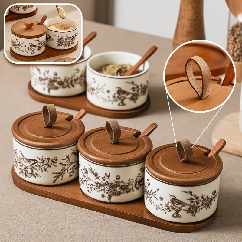 

Kitchen Ceramic Canister Set with Spoon Lid Food Storage Jar for Salt Sugar Pepper Spices Wooden Tray Home Cooking Organizer