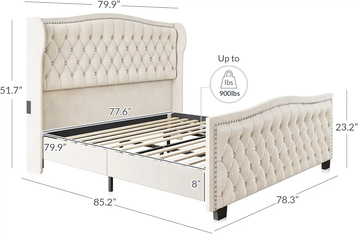 Upholstered Velvet King Platform Bed Frame with Deep Button Tufted Headboard, Charging Port - Oslo (Beige)