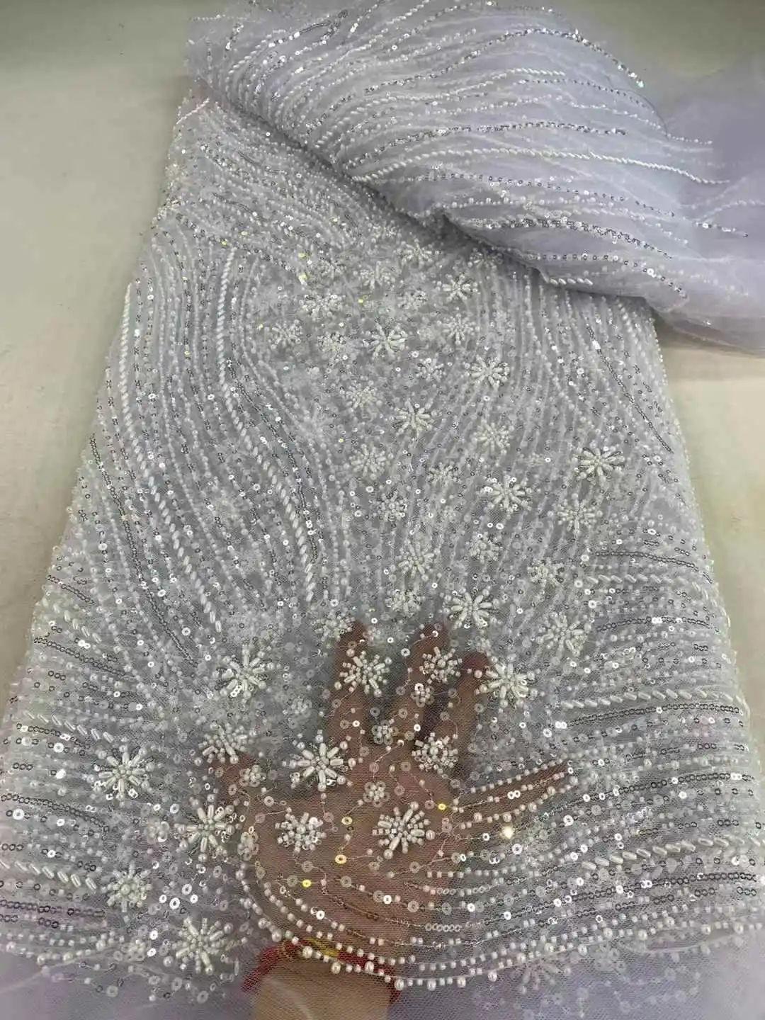 Luxury Elegant Sequins Beads Embroidery Lace Fabric Suitable For Private Customized Wedding Dress Lace Fabric Dress Design