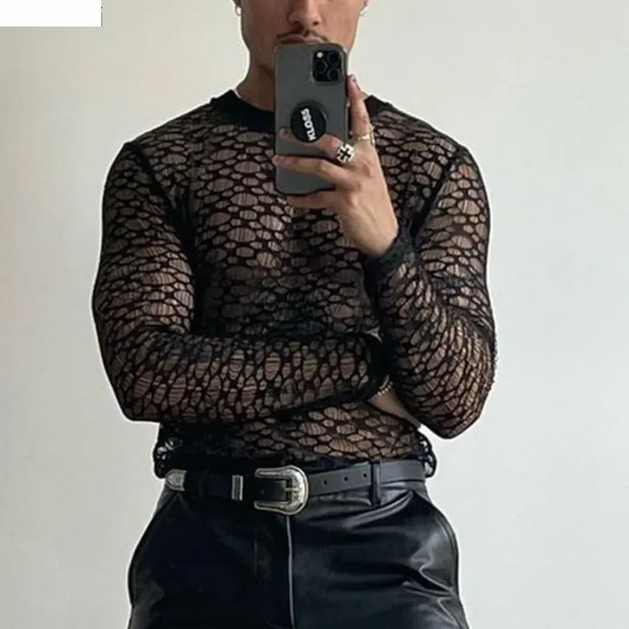 Personality Black Sexy Mesh T-shirt Men's O-neck Hollow Out Lace Tops Men Breathable Fashion Party Nightclub Tee Streetwear