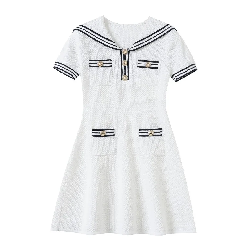 Navy Collar A-line Dress Yellow Solid Striped Short Vestidos Single Breasted Sweet French Pullover Knitted Dresses Short Sleeves
