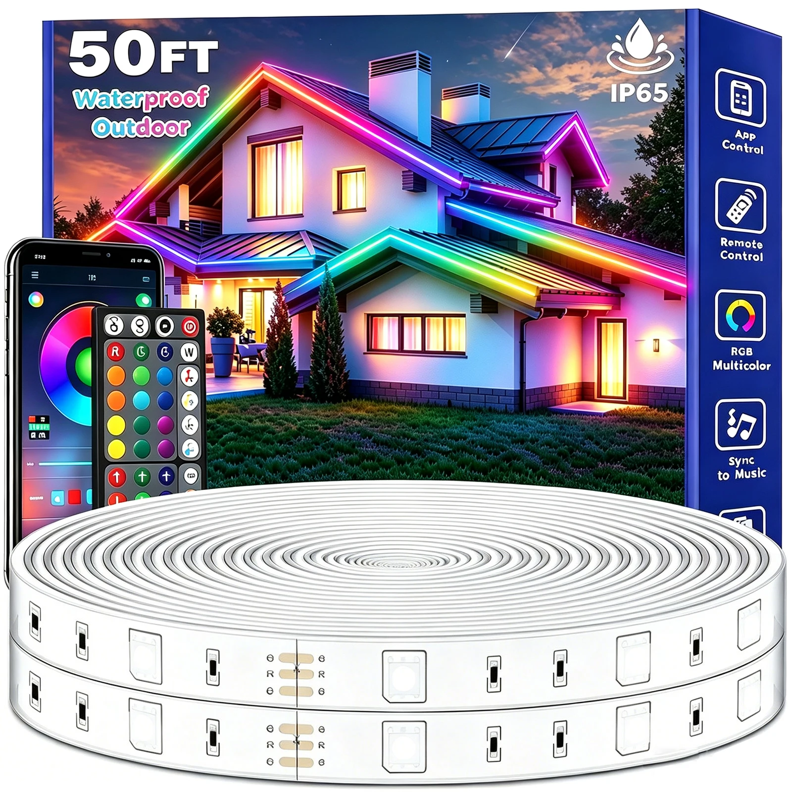 Outdoor Waterproof LED Strip Lights,50Ft Music Sync RGB IP65 Led Lights with App Control and Remote,Color Changing Waterproof Led Rope Lights for Outdoor,Balcony,Roof,Garden,Stairs Party