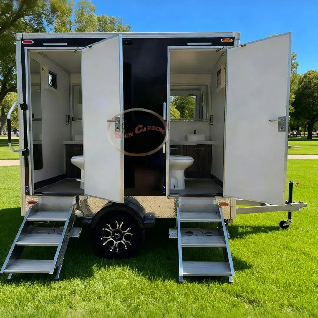 

Outdoor Mobile Toilet with Towable Structure, Multiple Independent Units, Washbasins Mirrors, Urinals for Various Users