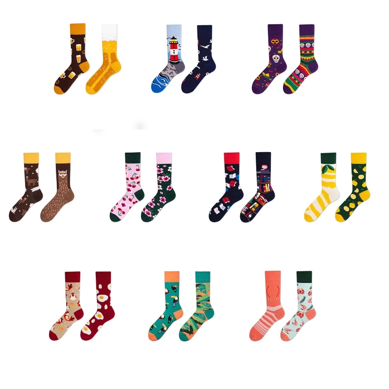 Men Women Couple Funny Socks Novelty Harajuku AB Asymmetric Colorful Cartoon Pattern Jacquard Hip Hop Cotton Drop Shipping