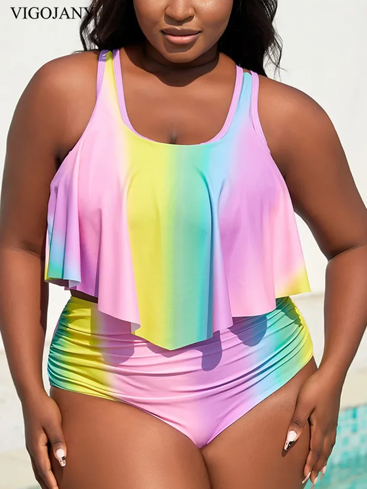 

VigoJany 2025 Print Strapped 2 Piece Plus Size Tankini Set Women High Waist Curvy Swimsuit Lady Brazilian Beach Bathing Suit