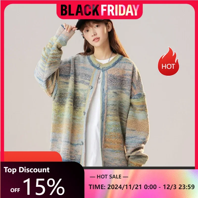 Autumn Winter Merad Knit Round Neck Button Sweater Women Warm Loose Cardigan Knitted Jacket Colorful Stripes Soft