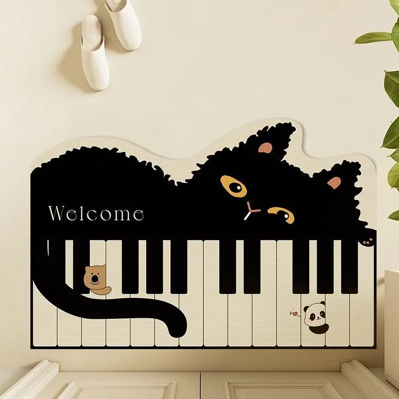 VIKAMA Piano Key Black Cat Bathroom Mat, Diatomaceous Earth Absorbent Non Slip Shower Entry Rug, Home Decor