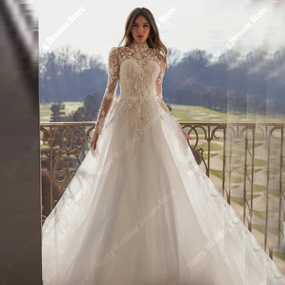 

High Collar Lace Sleeves A Line Wedding Dresses Elegant Appliques Lace Bridal Gowns Party Mopping Length Vestidos De Novia 2026