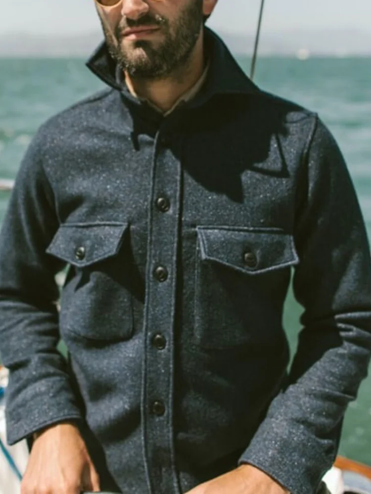 Vintage Dark Navy Tweed Overshirt Men Button Down Double Pocket Long Sleeve Workwear Casual Jacket Shirt