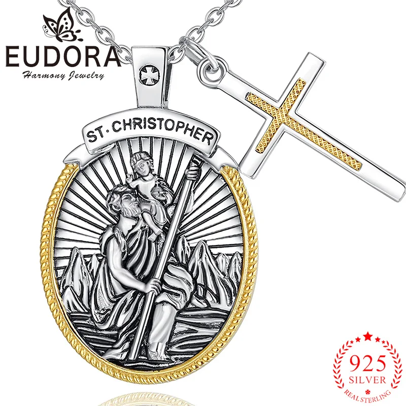 

Eudora 925 Sterling Silver St Christopher Necklace 18k Gold Cross Amulet Pendant Religious Jewelry Exquisite Gift for Men Women