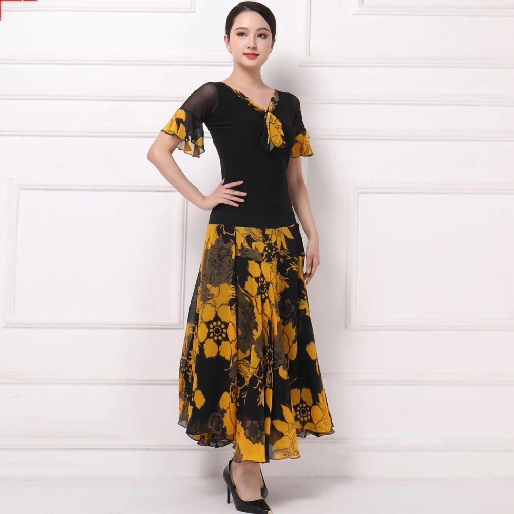 

Yellow Prom Dress Modern Competition Short Sleeve Shirt Standard Waltz Long Dance Ballroom dress