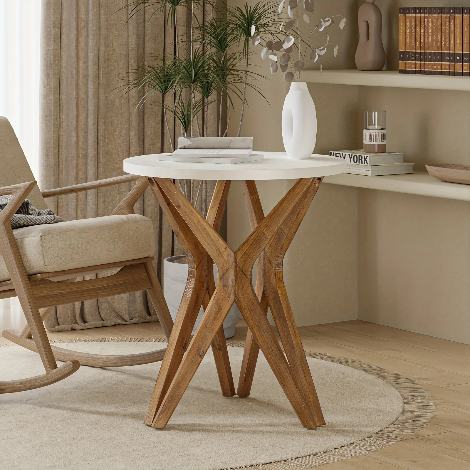 

Pedestal Farmhouse End Table, Distressed Top With Tripod Base For Modern Farmhouse, Boho Decor, Round