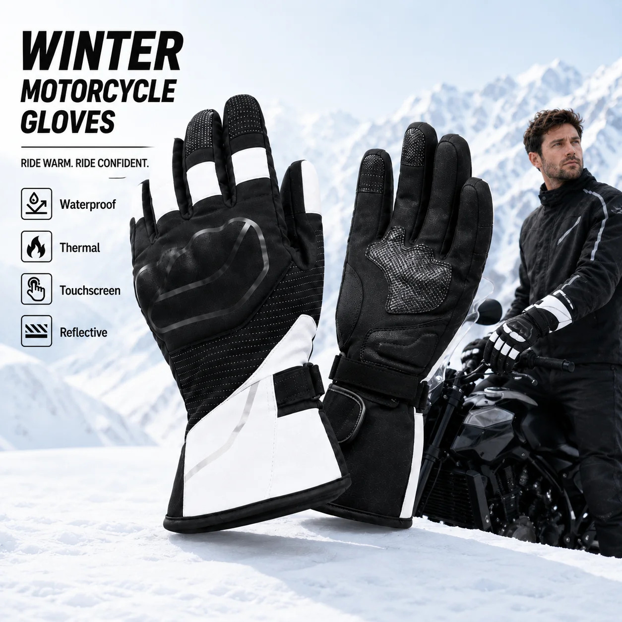 SULAITE Motorcycle Gloves Men Women Winter Thermal Waterproof Touchscreen Anti Slip Palm Reflective Adjustable Wrist Gear Black