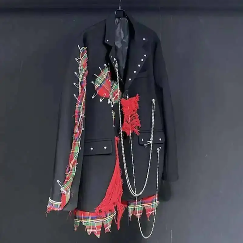 Men's Plaid Suit Jackets Loose Fitting Haute Quality Patchwork Chain Design Handsome Worn Out  Male Blazers CDFR45