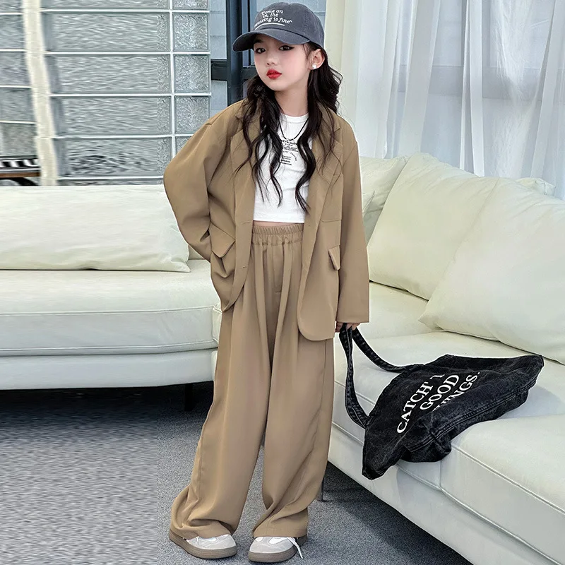 Teen Girls Blazer Wide Leg Pants Two Piece Outfit Spring Autumn Casual School Daily Preppy Streetwear Kids Formal Suit Set