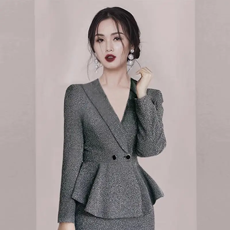 Sets Of Dress Female 2023 Autumn Long Sleeve Western Fashionable High end Suit Wrapped Hip Dress Two Pieces Set OF Dress Female