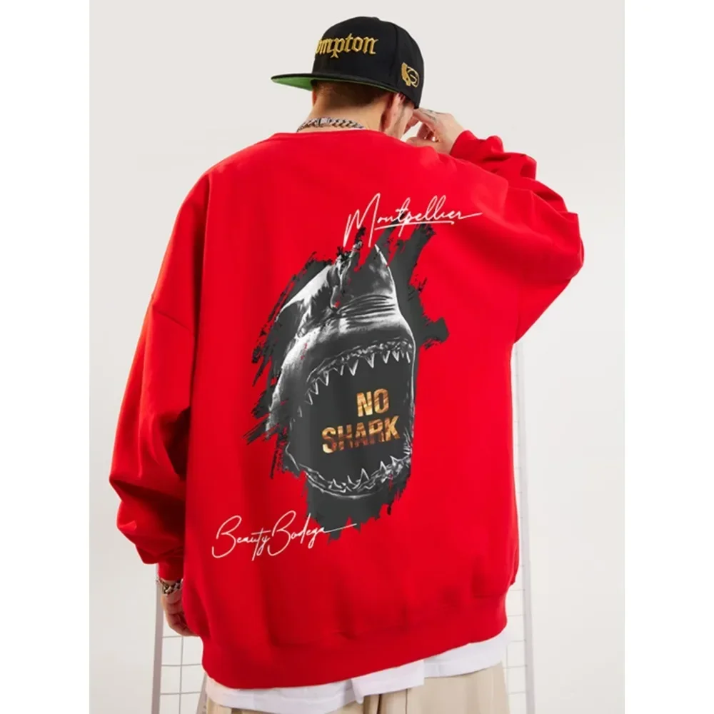 

2024 Heavy American Vintage Print Hip Hop Plus Fat Plus Size Hoodie Men's Crewneck Cartoon Loose Red High Street Autumn Winter