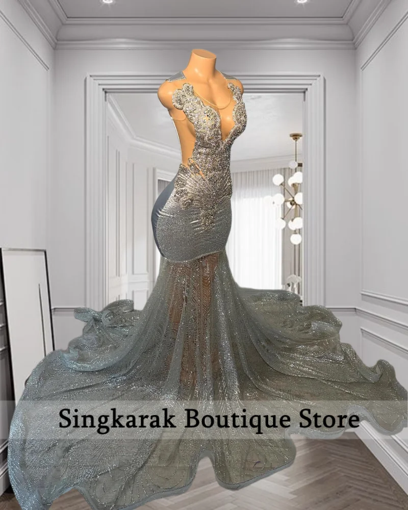 

Glitter Silver Prom Dress For Black Girls 2026 Sexy Gems Beaded Birthday Party Custom Special Occasion Party Gown Customized