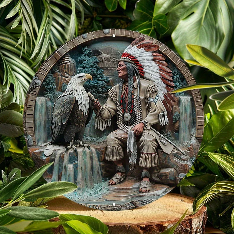 Native American Style Eagle & Indian Aluminum Art Sign - 1pc 8\