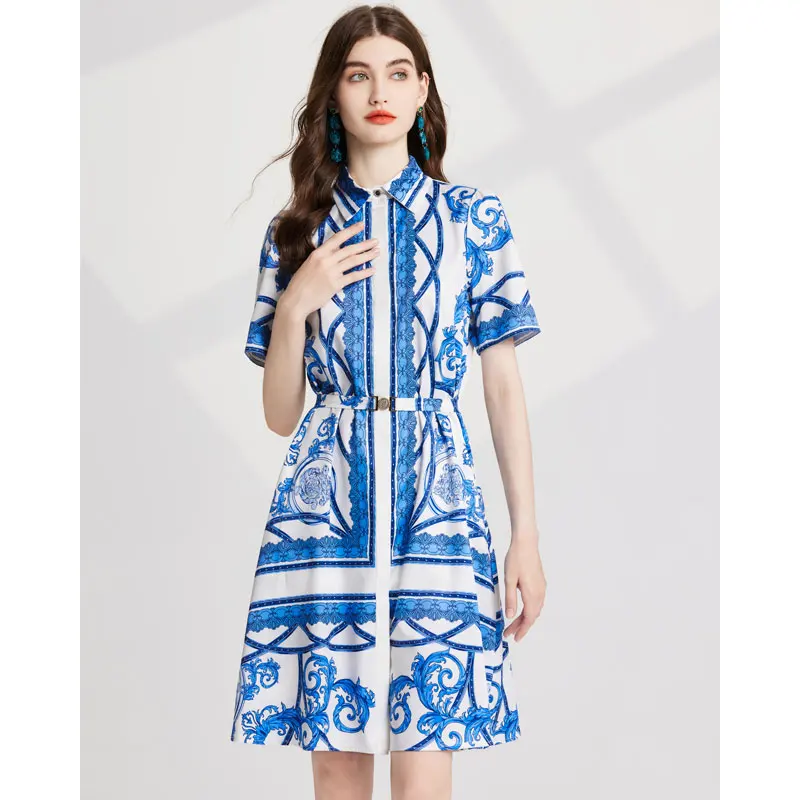 Vestido com estampa de passarela feminino, manga curta, peito único, cinto com renda, vintage, casual, feriado, moda verão