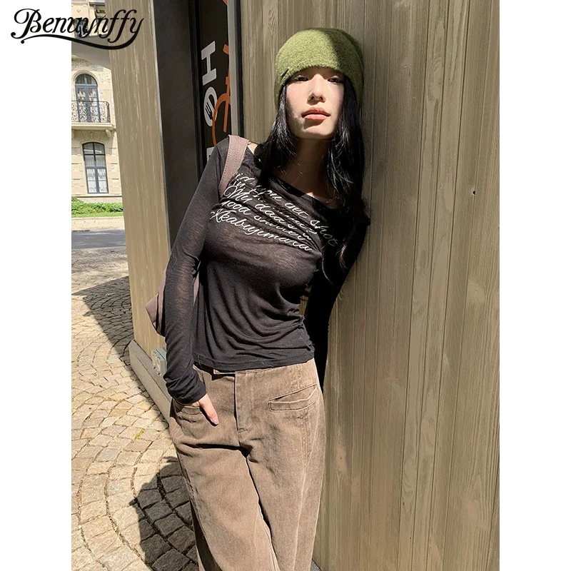 

Benuynffy 2025 Autumn Winter Oblique Shoulder Long Sleeved T-Shirt for Women American style Letter Printed Street Tee Tops