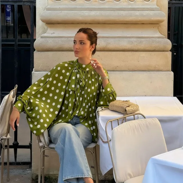 Camisa de mujer con estampado de lunares a la moda bohemia, Top fino de primavera con cuello levantado, Top holgado de manga larga, conjunto de trabajo versátil para mujer