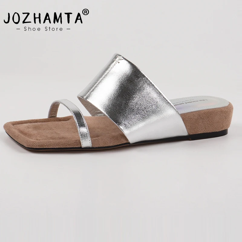 JOZHAMTA Size 34-40 Women Wedges Slippers Real Leather Mid Heels Summer Shoes Casual Beach Daily Home Outdoor Slides Sandals