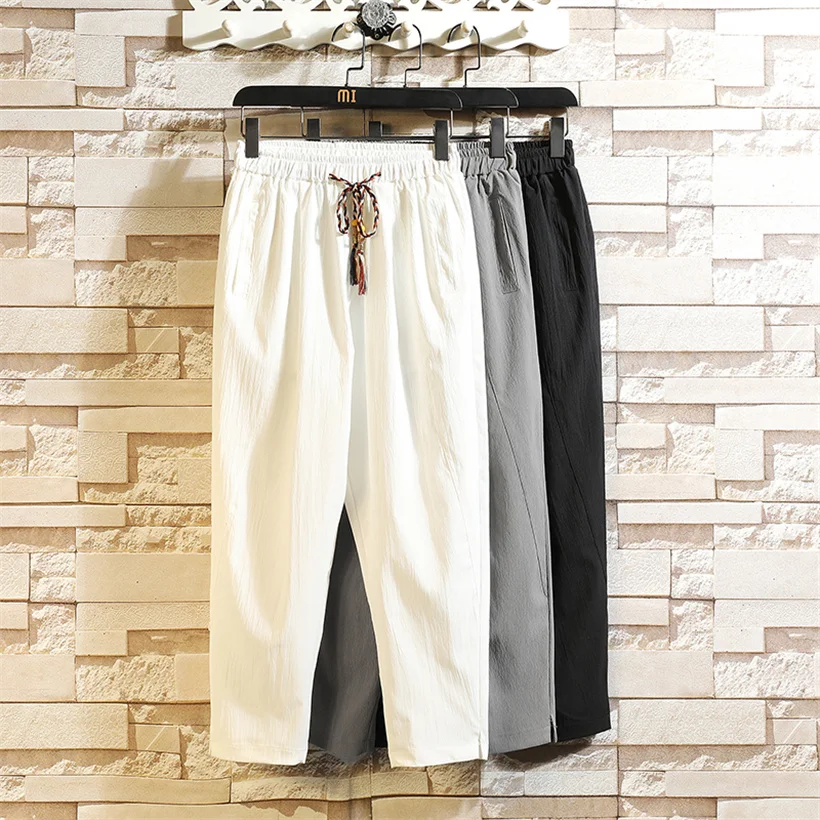 

Ice Silk Men's Summer Thin Loose Straight Leg Pants Dstring Elastic Waist Casual Long Trousers Nine Points Trendy Brand