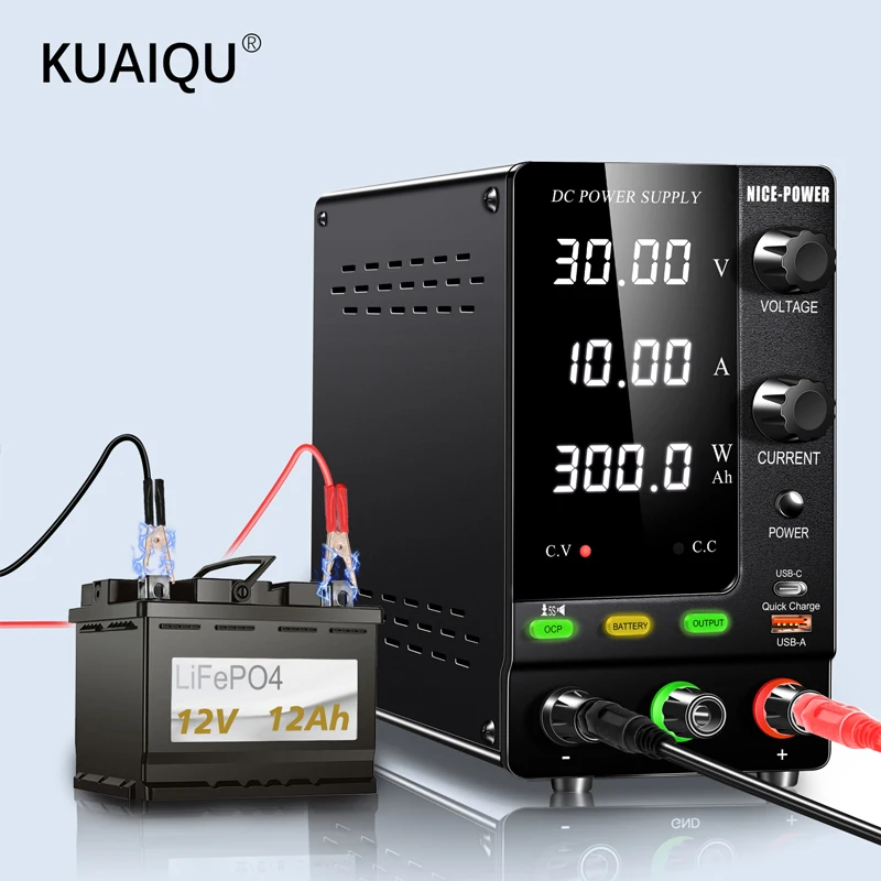 KUAIQU 30V 10A Lab DC Power Supply Laboratory Adjustable Stabilized Switching 60V 5A 120V 3A Fast Charging Type-C USB Fast Charg