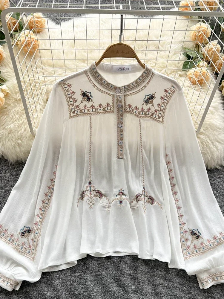 Fashion Versatile Embroidery Shirt Women\'s Spring Autumn New Stand Collar Bohemian Loose Blouse Womens Tops G03