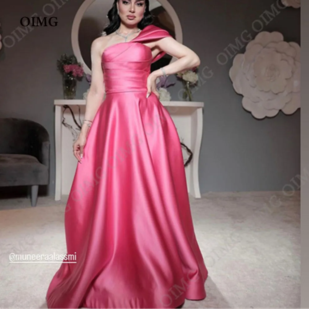 

OIMG Hot Pink Satin One Shoulder Evening Dresses Strapless Elegant Dubai Formal Event Prom Dress Custom Made Evening Party Gowns