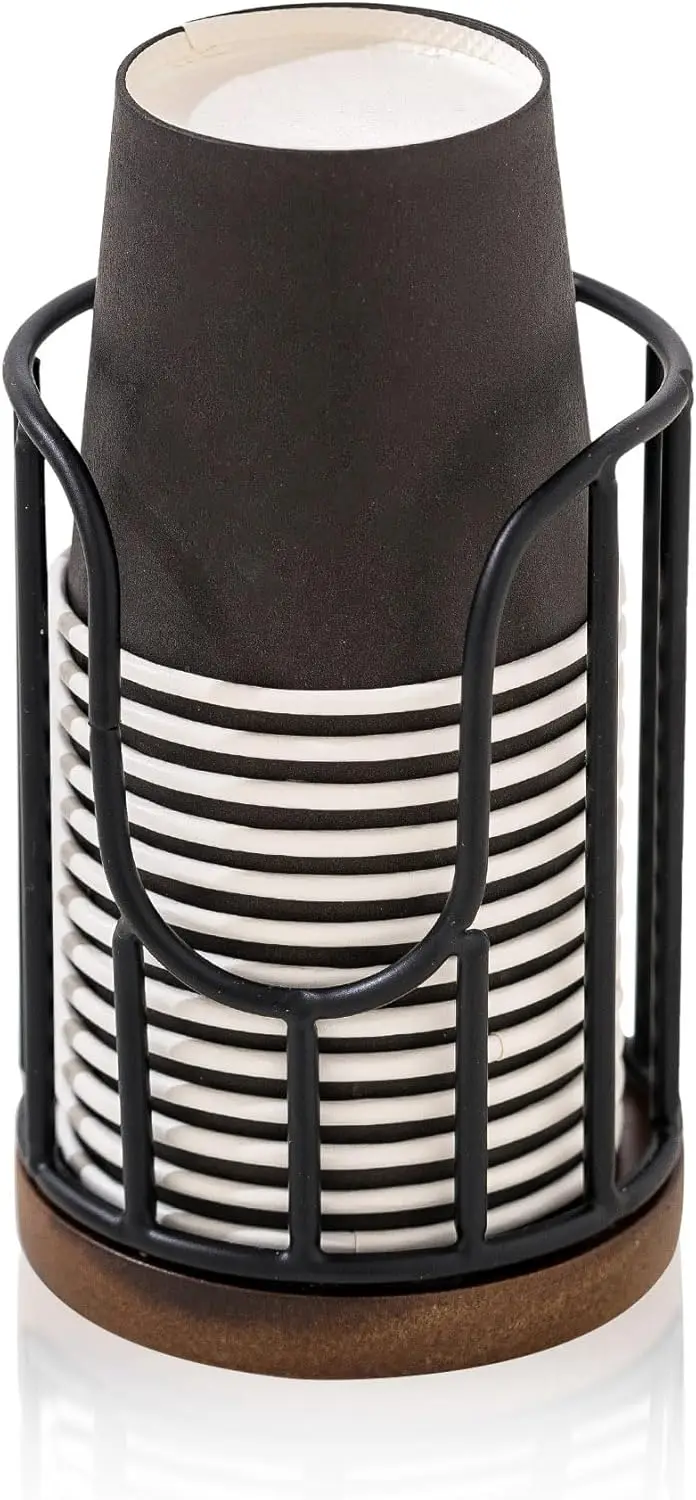 

Bathroom Cup Dispenser with Acacia Wood Stand - Toothbrush Holder & Mouthwash Cup Organizer for Vanity Countertops, Black