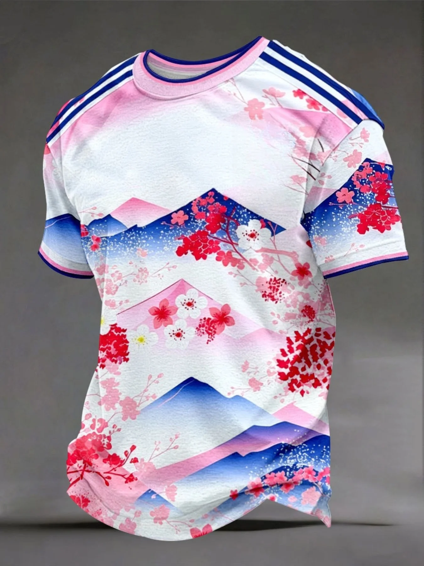 Men Japanese Cherry Blossom Fuji Mountain Print T Shirt 3 Stripes Crew Neck Short Sleeve Casual Summer Tees