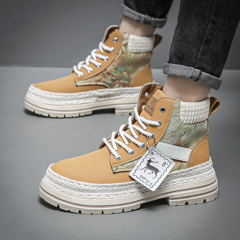 Mężczyźni Skórzane Buty Wysokie Buty Moda Motocyklowe Buty za kostkę Mężczyźni Buty Zimowe Buty Męskie Sznurowane Botas Hombre Wiosna Gorąca Wyprzedaż