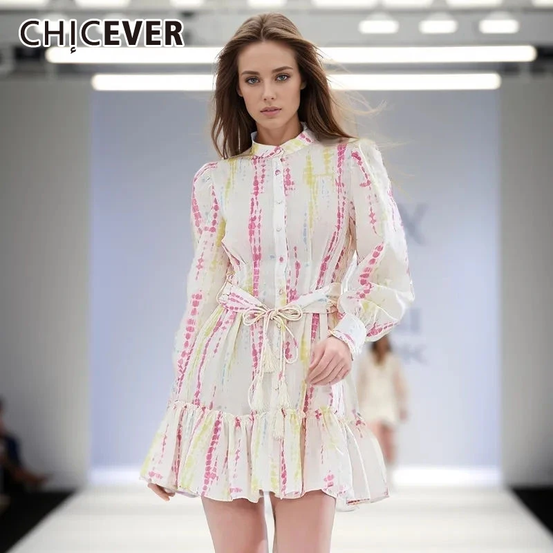 

CHICEVER Hit Color Printing Dress For Women Stand Collar Long Sleeve High Waist Patchwork Lace Up Chic mini folds Dresses Female