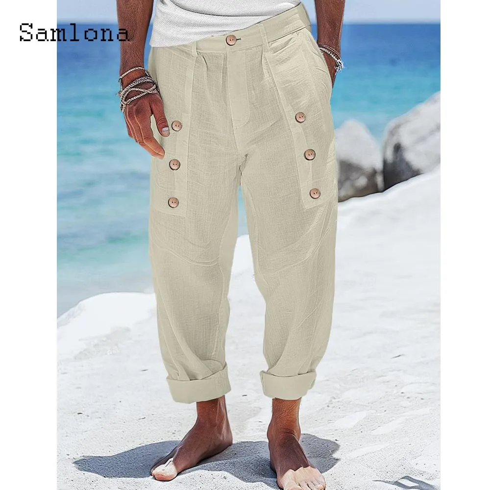 Celana Panjang Kasual Pria 2025 Saku Berdiri Katun Linen Putih Lembut Panjang Mata Kaki Celana Pantai Musim Panas Baru Fashion Multi-kancing