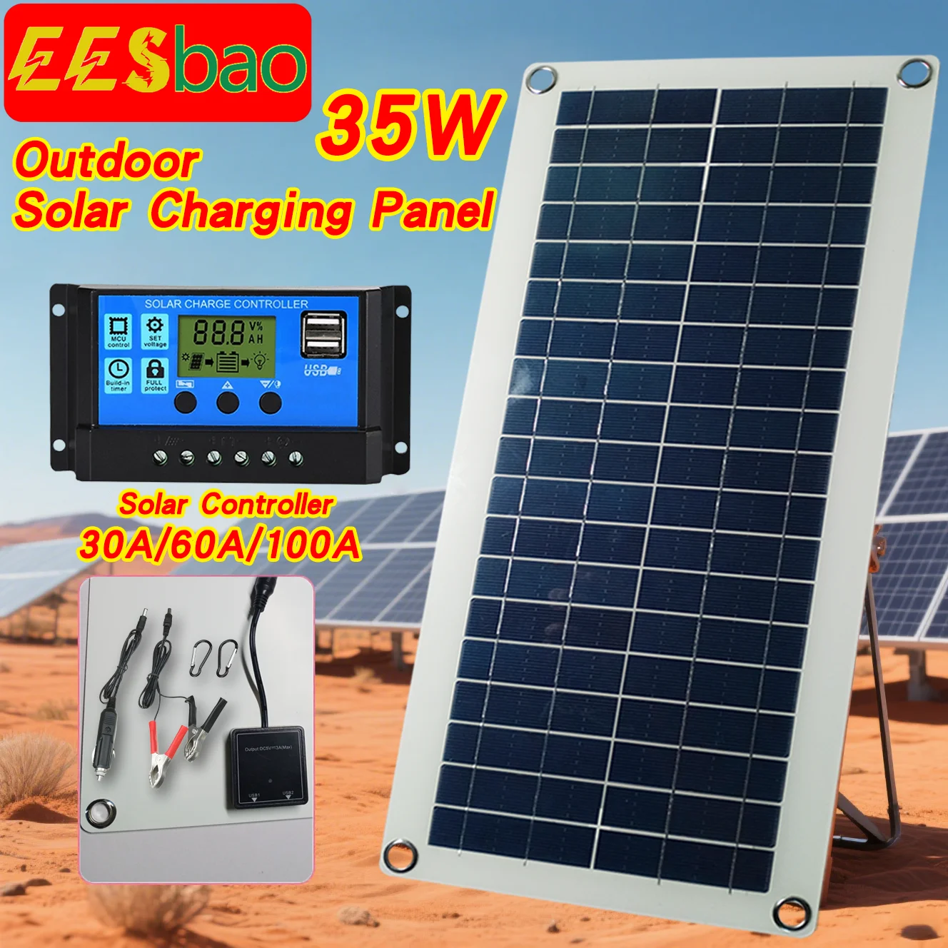 Solar Charger Waterproof Portable - 5V 35W USB Fast Charging for Phones Outdoor Camping RV & Emergency Power Supply EESBAO