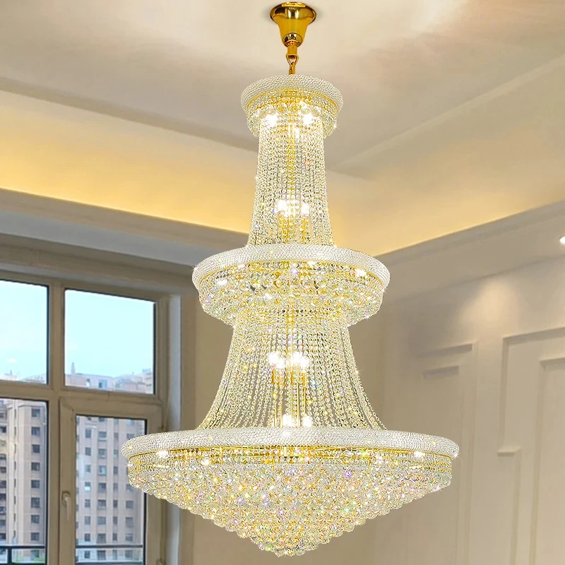 Luxury Living Room Crystal Chandelier Staircase European-Style Large Chrome Chandelier Hotel Lobby Villa High Ceiling Lighting