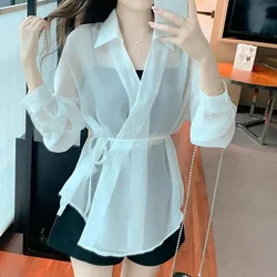 Lacing Perspective Chiffon Shirt Tops Summer New Long Sleeve Loose Thin Net Yarn Casual Cardigan Fashion Korean Women Clothing