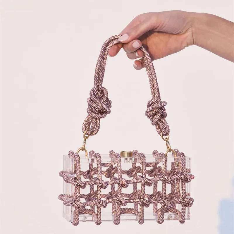 Crystal-Embellished Rope Acrylic Clutch Rhinestones Evening Shoulder Bag Crystal women Luxury Clear Party Wedding Knot Bag