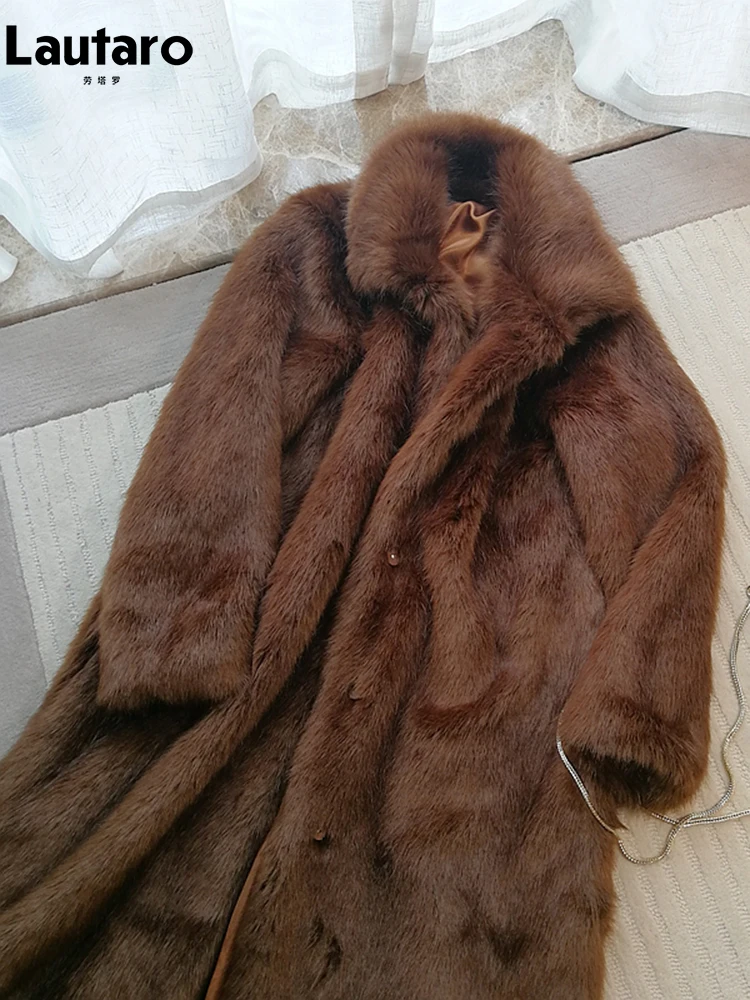 Lautaro Autumn Winter Long Thick Warm Hairy Shaggy Brown Soft Fluffy Faux Fur Coat Women Loose Maillard Style Furry Overcoat