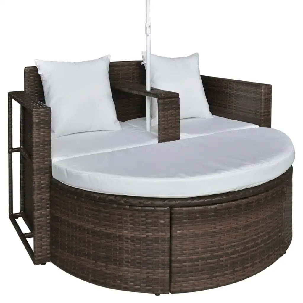 Brown Poly Rattan Patio Bed with Parasol - Outdoor Lounge Furniture for Relaxation