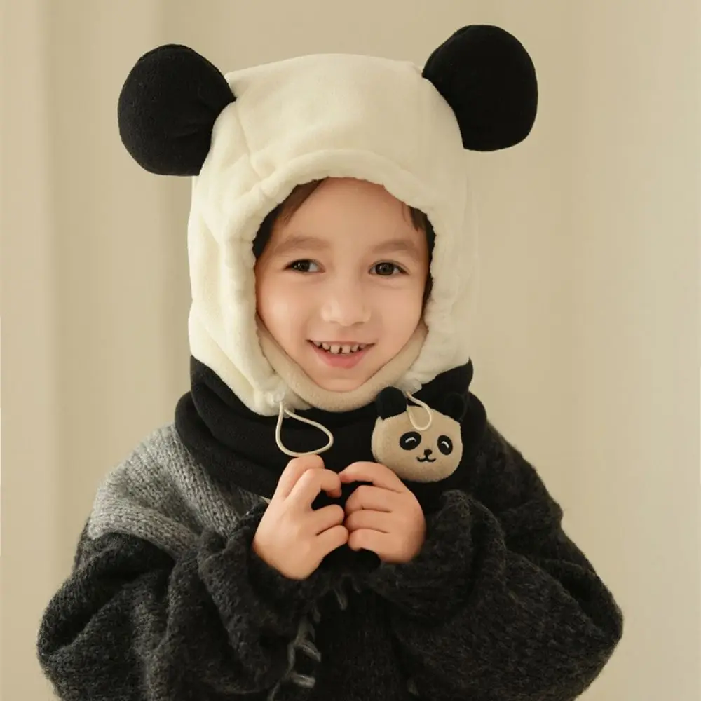 

Cartoon Warm Panda Plush Scarf with Face Mask Soft Earmuff Drawstring Bear Ear Hat Cute Thickened Panda Neckerchief Winter