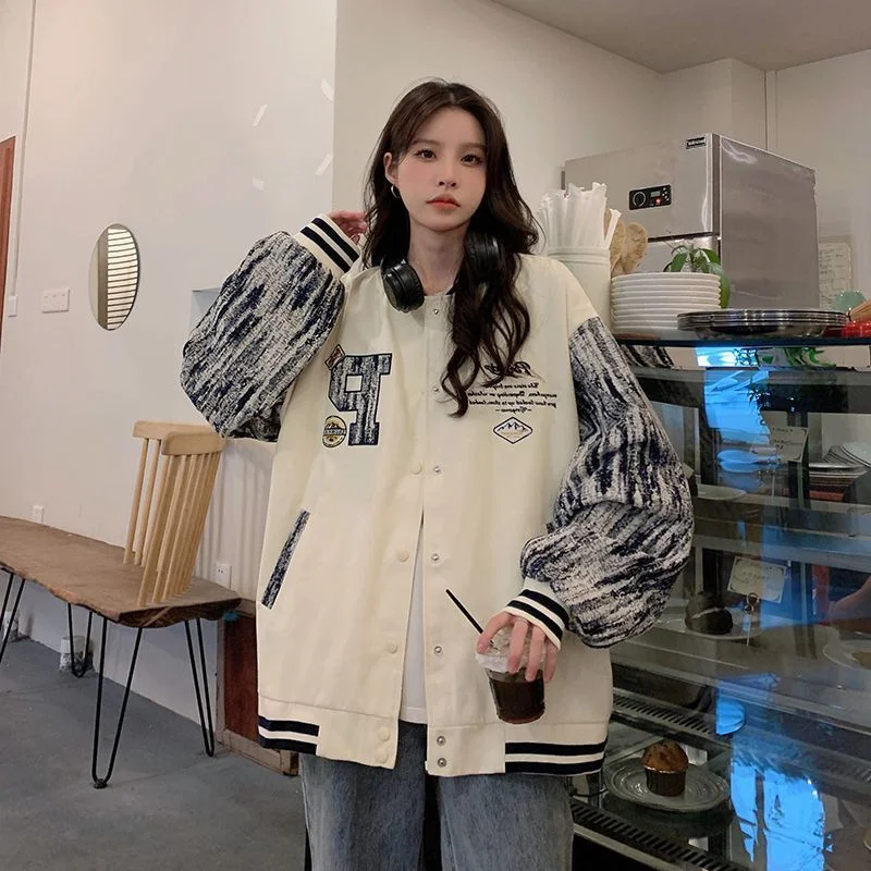 

plus Size Women's Baseball Jacket Loose Splice Dyed Sleeve Student Style Korean Version Long Sleeve Thickened Autumn Winter Coat